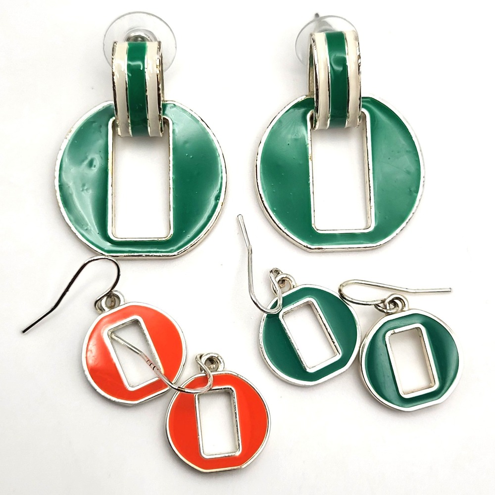 Vintage CHAPS Dangle Drop Set‎ of 3 Pr Green Orange Enameled Silvertone Earrings
